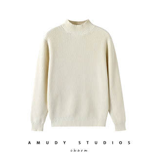 Thickened 100% Cotton Heavyweight Half-High Collar Apricot Sweater, Pique Pure Cotton Inner Layer, Warm Knitted Base Shirt for Men