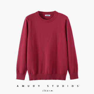 100% Cotton Men's Round Neck Long-Sleeved Knit Sweater T-Shirt in Red for the Year of Birth, Loose Fit, Slimming Pullover Base Shirt Sweater