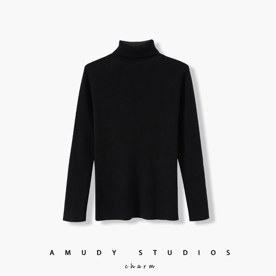 100% cotton turtleneck knitted bottoming shirt for women spring and autumn slim black pure cotton sweater
