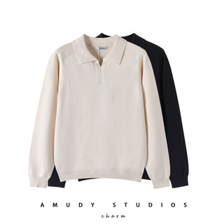 100% Cotton Autumn and Winter Men's Old Money Style Seagull Collar Knit Sweater Loose Polo Shirt Solid Color Top