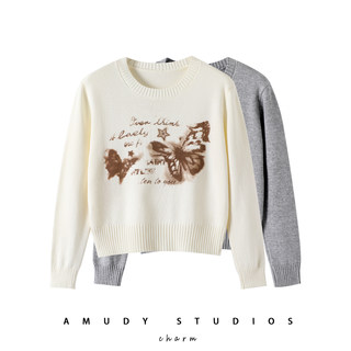 Butterfly Print Chunky Knit 100% Cotton Crew Neck Long Sleeve Loose Sweater for Women, Non-Pilling, Anti-Static Knit Top