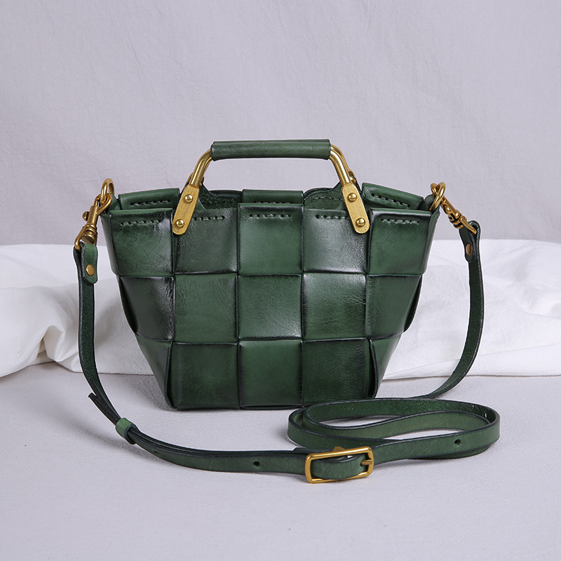 Retro Genuine Leather Weave Bag Women Mini bungalow Calf Leather small crowdsourced design Literary and small female bag Vegetable Basket bag