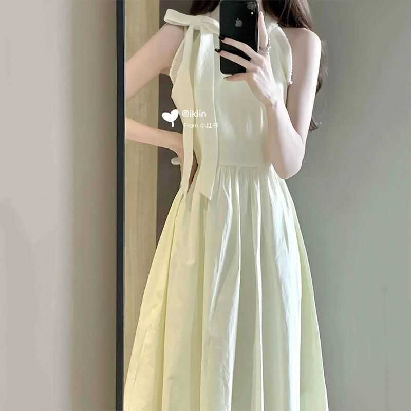 Elegant Long Halter Neck Dress, First Love Dress, Women's Sleeveless French White Dress, Waist-Cinching Summer Bow Dress