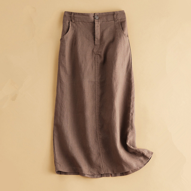 Elegant Vintage-Style Solid Color High-Waisted Casual Straight Skirt 2023 Summer New Slimming Mid-Length Cotton and Linen Skirt for Women