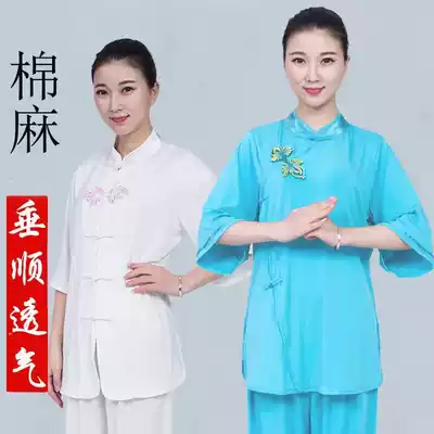 Xiaohe Mountain Taiji clothing women's summer elegant clothes new linen cotton short sleeve inclined style Taijiquan practice clothing