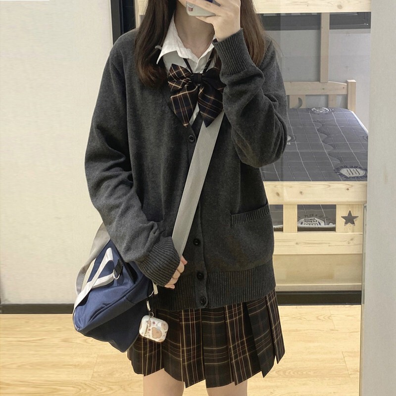 Original Jk Sweater Cardigan Jacket for Women, Early Autumn, Preppy Style, Loose Fit, School Uniform Style, Dark Gray Long-Sleeve Knit Top Original Jk Sweater Cardigan Jacket for Women, Early Autumn, Preppy Style, Loose Fit, School Uniform Style, Dark Gray Long-Sleeve Knit Top