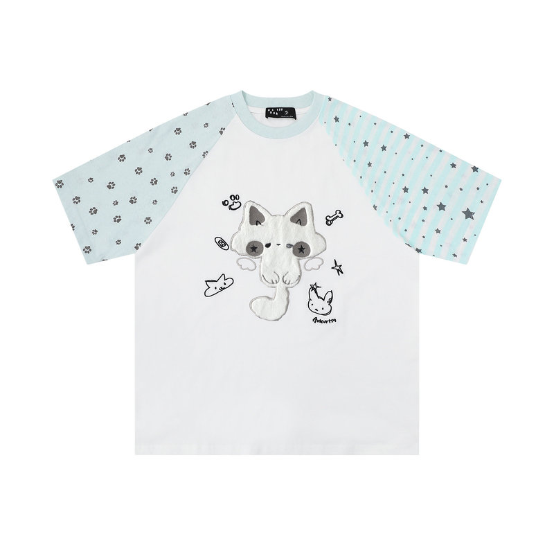 All-Over Star Print Raglan Sleeve Embroidered Cat Short-Sleeve T-Shirt for Women 2026 Summer Loose Subculture Couple Half-Sleeve Top