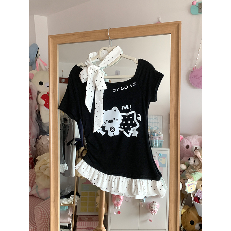 Japanese Subculture Otaku Cute Cat Polka Dot Short-Sleeve T-Shirt for Women, Summer Niche Off-Shoulder Waist-Cinching Spicy Girl Short Top Japanese Subculture Otaku Cute Cat Polka Dot Short-Sleeve T-Shirt for Women, Summer Niche Off-Shoulder Waist-Cinching Spicy Girl Short Top