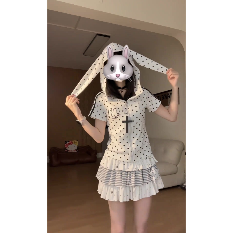Japanese-Style Rabbit Ear Hooded Short-Sleeve T-Shirt for Women, Summer 2026, Rabbit Print, Versatile, College Style, Cute Top Jacket
