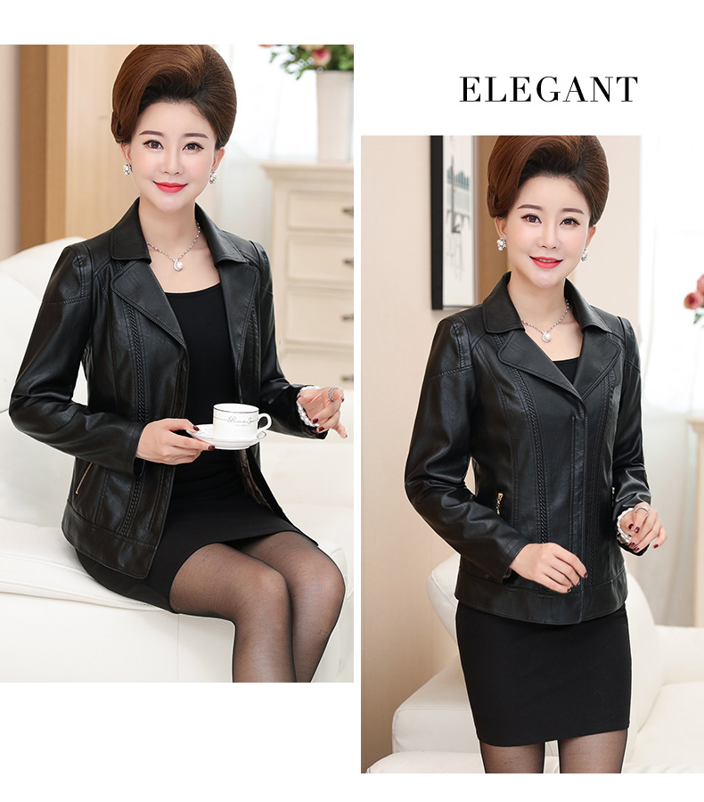 Áo khoác da nữ mùa xuân trung niên ngắn 40-50 tuổi Mẹ tải áo khoác da PU Phụ nữ trung niên áo khoác dài tay áo da cao cấp