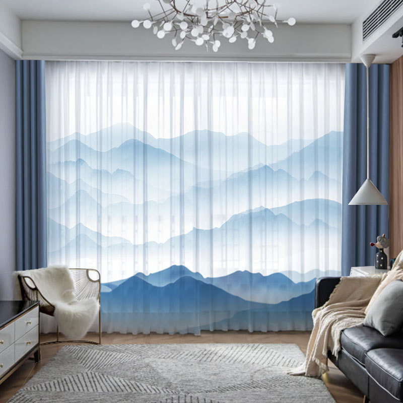 Modern New Chinese-Style Ink Landscape Painting Scenery for Living Room, Study, High-End Bedroom, Guesthouse Partition Sheer Curtain, High-End and Elegant