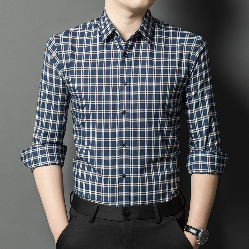 26 Spring Pierre Cardin Big-Name Checkered Long-Sleeved Pure Cashmere Shirt Middle-Aged Men's High-End Casual Wool Shirt