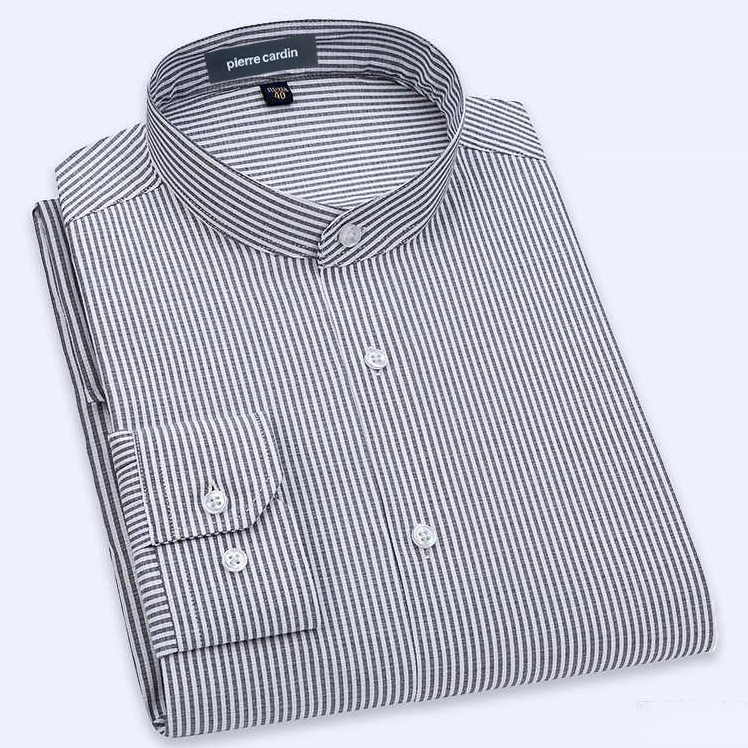 Pierre Cardin Brand Pure Cotton Anti-Wrinkle Long-Sleeve Men's Stand-Up Collar Shirt, Middle-Aged Dad Gray Striped Shirt, Round Neck