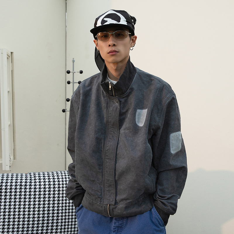 Od/Orangedragon 2025 Winter Washed and Dyed Badge-Printed Distressed Ribbed Stand-Up Collar Vintage Jacket