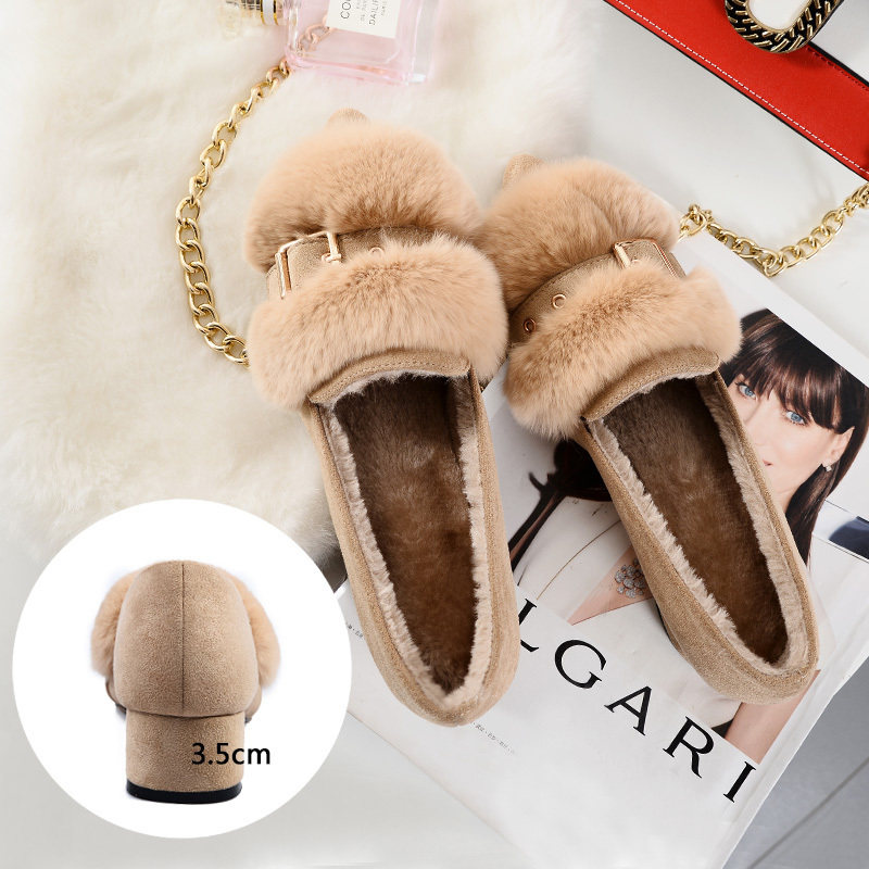European station autumn and winter new low-heeled fur shoes plus velvet women's shoes Korean version of all-match rabbit fur shoes pointed toe fur women's shoes