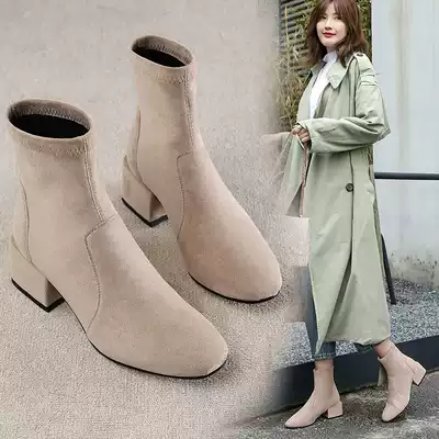 European station 2021 autumn and winter New Net red short boots women thin boots thick heel heel short tube Joker elastic Martin boots