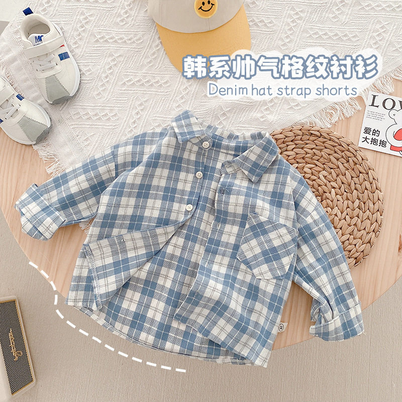 Boy shirt pure cotton spring and autumn thin section Plaid Inn Wind Leisure Loose Collar Children Children's Blouse Jacket Man