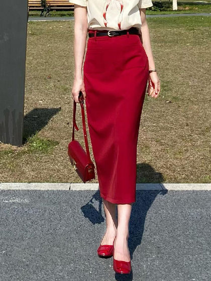 韩式红色后开叉半身裙女2025夏季新款高腰显瘦气质通勤西装直筒裙