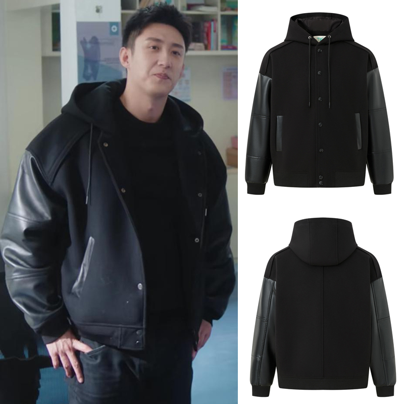 Winter Solstice Huang Jingyu Jiang Chengyi Celebrity Style Loose Hooded Patchwork Leather Thickened Jacket Baseball Uniform Coat