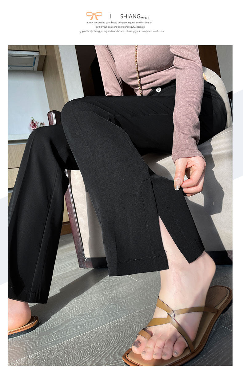 Extended slit slightly flared suit pants for women, high waist, drape, new thin, slimming, ice silk straight wide-leg pants for summer pic 13
