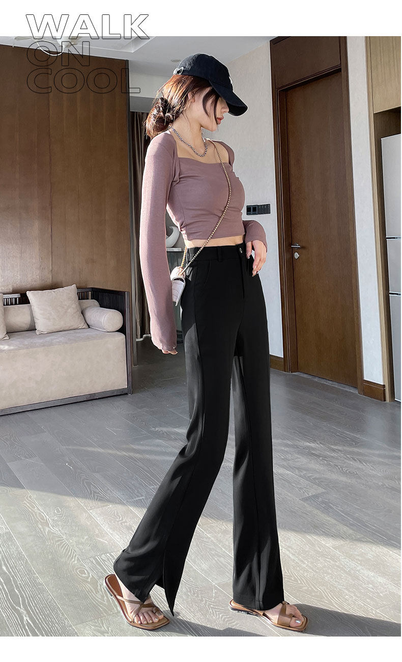 Extended slit slightly flared suit pants for women, high waist, drape, new thin, slimming, ice silk straight wide-leg pants for summer pic 10