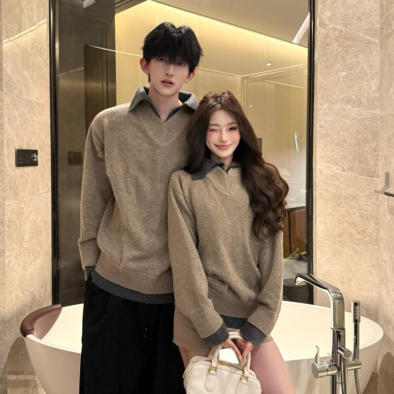 American Retro Fake Two-Piece V-Neck Sweater for Men and Women, New Autumn and Winter Couple's Wear, Lapel Lazy Knit Sweater Jacket