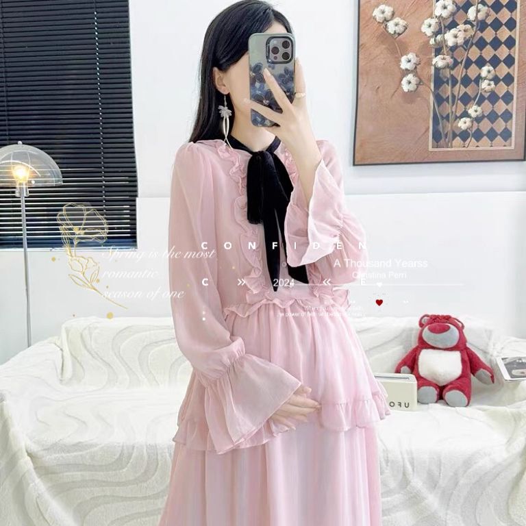 Maternity Spring Dress Long-Sleeved Mid-Length High-End French Pink Long Dress 2026 New Fashionable Dress
