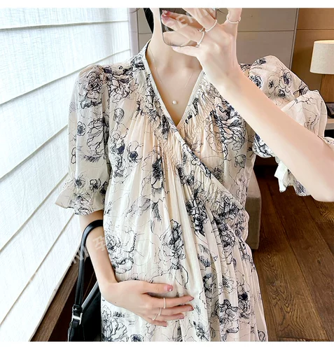 Летняя одежда для беременных, платье, летняя тонкая длинная юбка для кормящих грудью, французский стиль, V-образный вырез