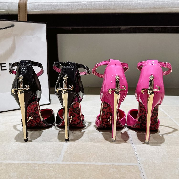 Sexy Rose Red Strappy Ultra-High Heels Queen's Scepter Stiletto Large Size Patent Leather Hollow Red Sole Women's Shoes
