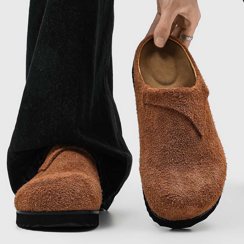 Unique Designer Suede Birkenstock-Style Men's Slip-On Mules with a Closed Toe, Old Money Style, Thick-Soled Lazy Slip-Ons