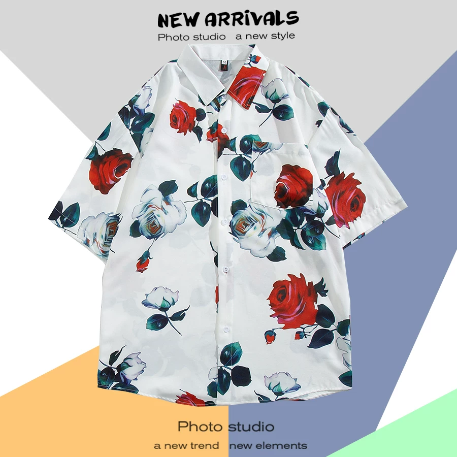 Shirt, retro jacket, with short sleeve, floral print, loose fit, Thailand