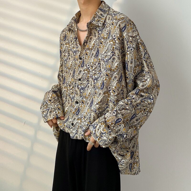 Cashew Flower Pattern Men's Long-Sleeve Shirt with Unique Design, Niche Style, Cool and Handsome Shirt, Hong Kong Style, Japanese Style, Loose Fit, Trendy Brand Jacket for Spring and Autumn
