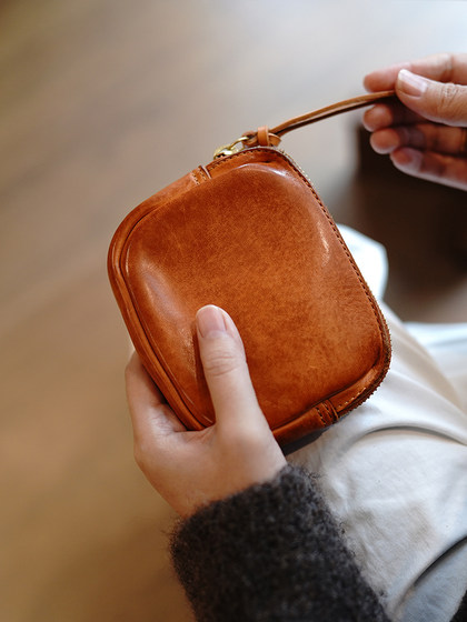 鹿小姐植鞣牛皮小众复古小巧拉链零钱包硬币耳机银行卡真皮收纳包