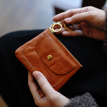 Miss Lu vegetable tanned cowhide retro pleated multifunctional zipper genuine leather short bank card key change storage bag