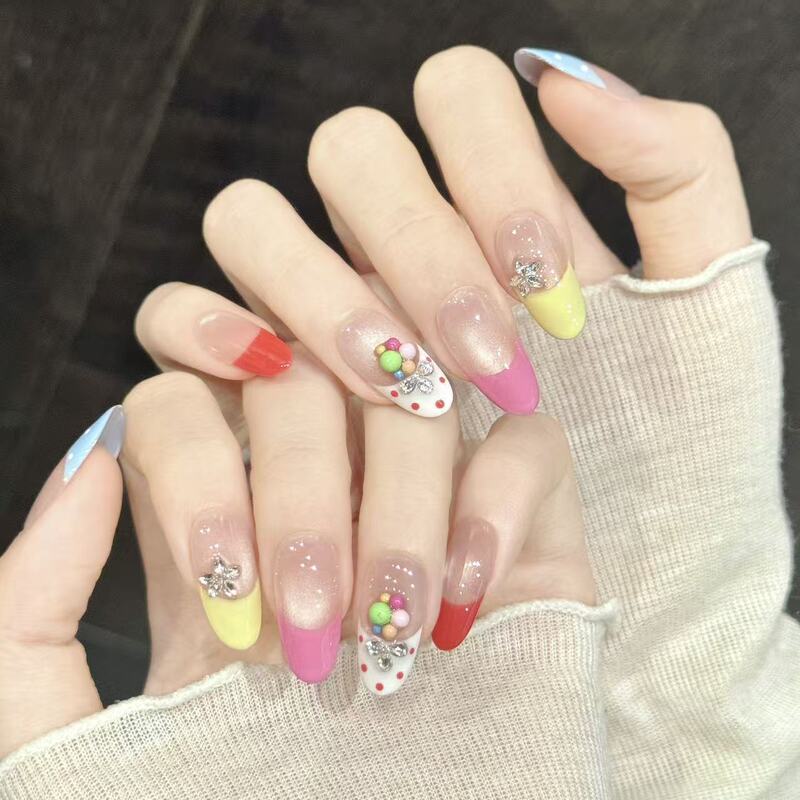 Kitty Colorful Candy French Cat Eye Dopamine Color-Block Nail Stickers for Energetic Girls, Handmade Wearable Nails Kitty Colorful Candy French Cat Eye Dopamine Color-Block Nail Stickers for Energetic Girls, Handmade Wearable Nails