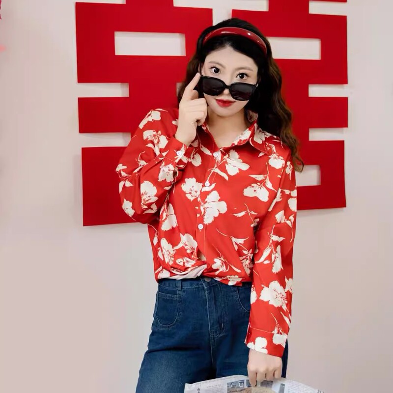 Annual Meeting Performance Hong Kong Style Retro Red Floral Shirt for Women, Bridesmaid, Festive Dancing, Spring and Autumn New Loose Top