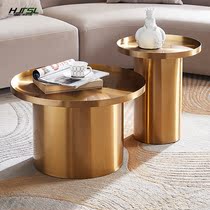 Designer light luxury stainless steel metal round high and low combination coffee table creative model room hotel sofa side table