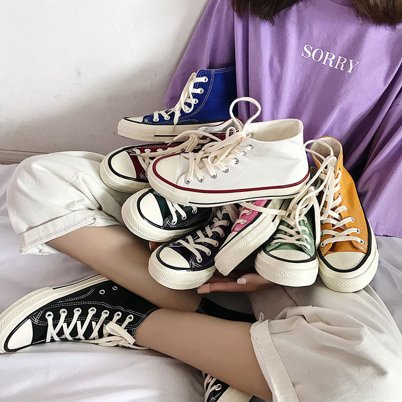 Korean version 1970s high barrel canvas shoes female student flat bottom Harajuku style ulzzang tide wild ins super fire spring and summer