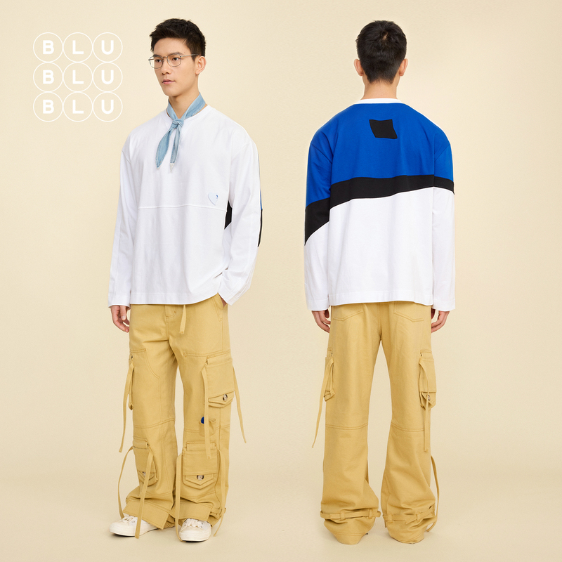 Blublublu Original Abstract Capsule-Shaped Color-Blocked Round-Neck T-Shirt with Long Sleeves and Loose Fit for Autumn