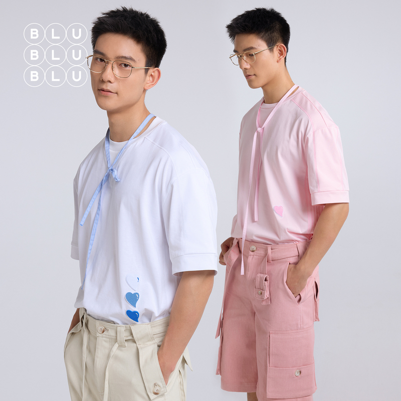 Blublublu Retro Sweatshirt Style Spliced Round Neck T-Shirt Men's Summer Gender-Neutral Short-Sleeved Heart-Decorated Top