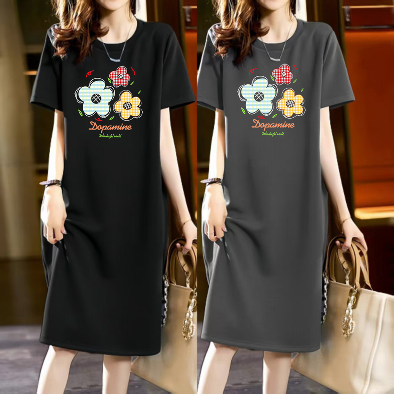 Pure Cotton Short-Sleeved Nightgown, Round Neck, Summer Plant and Flower Print, Versatile Loose Long Dress, Home Wear, Outerwear Dress Pure Cotton Short-Sleeved Nightgown, Round Neck, Summer Plant and Flower Print, Versatile Loose Long Dress, Home Wear, Outerwear Dress
