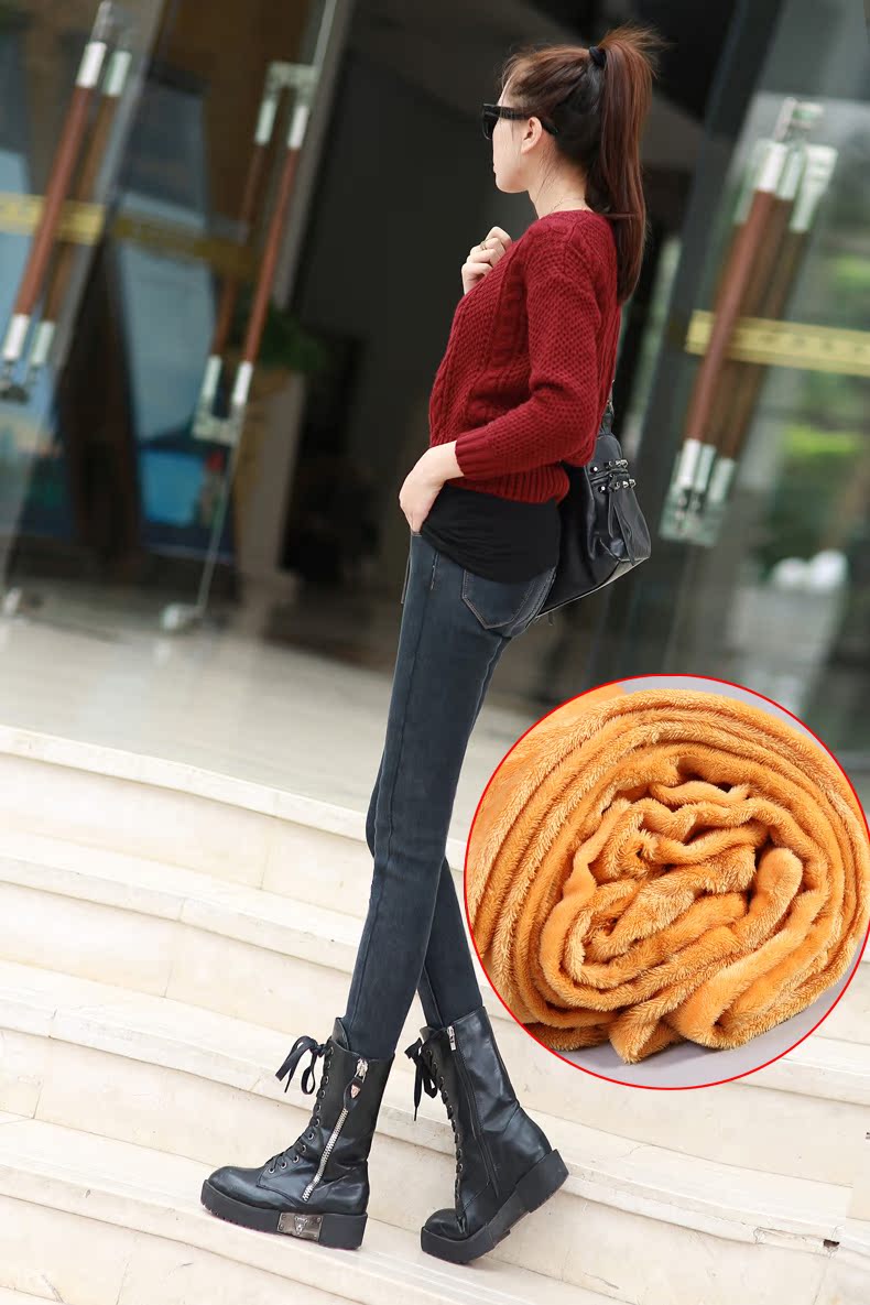 Mùa thu và mùa đông cộng với quần jean nữ nhung dày là eo cao màu đen bút chì đen cỡ lớn co giãn chân quần phiên bản Hàn Quốc màu xám quần jean lửng nữ