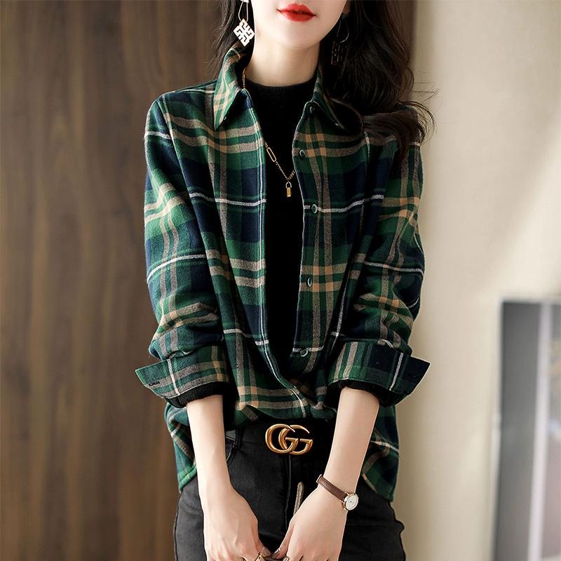 European Style Plaid Shirt for Women, Vintage Casual 2026 New Spring and Autumn Fleece-Lined Thickened Fashionable Loose Brushed Sweater