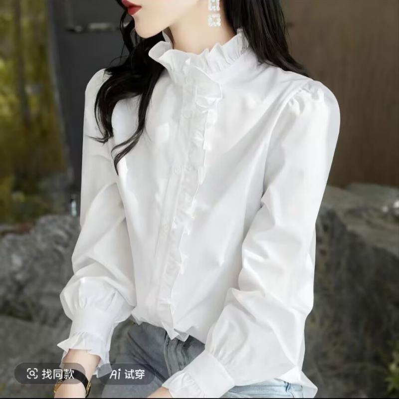 European Style White Ruffled Stand-Collar Shirt for Women 2026 New Spring and Autumn Long-Sleeve Top Trendy Blouse