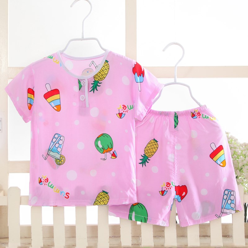 . Ba tuổi bé pajama mùa hè siêu mỏng lụa bông set boy model mỏng cô gái với quần áo máy lạnh lụa childrens quần áo về nhà.