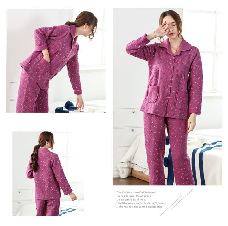 Đồ ngủ mùa thu và mùa đông của phụ nữ cotton dày mẹ bông dài tay nhiều lớp bông không khí ấm hai mảnh đất có thể được mặc bộ đồ