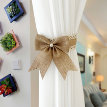 Pastoral style curtain ties bow pearl drawstring rope tie no punching living room decoration curtain buckle