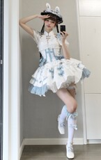 jk制服加工定制 【展示/潮汐】狗短哥特蓝白胸衣两穿sk不规则lolita三件套