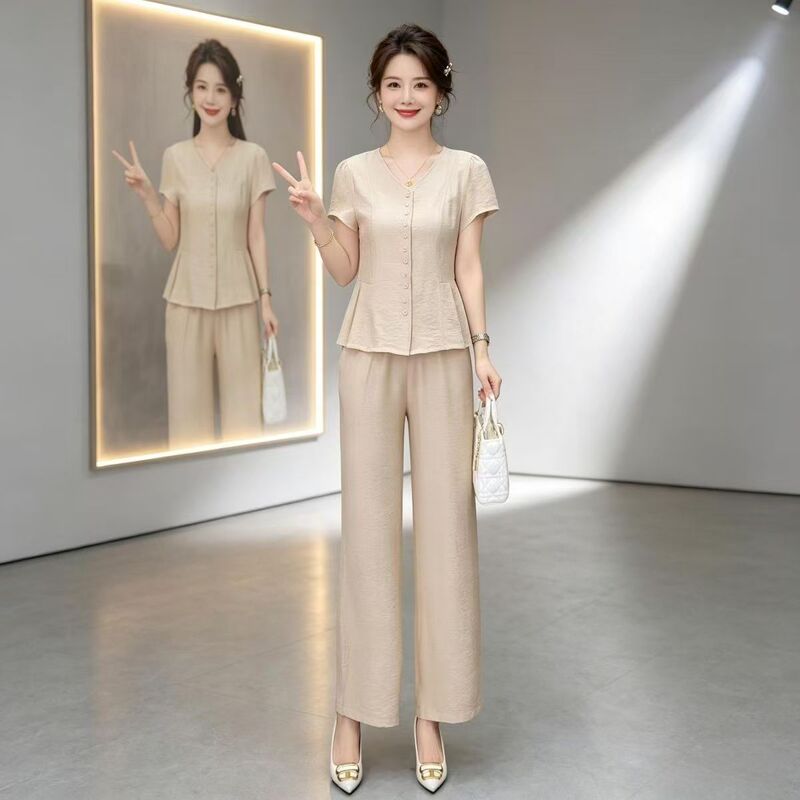 Cotton and Linen Fashion Suit for Women, Summer 2026 New Style, Mom's Casual and Stylish Cardigan, Short-Sleeved Wide-Leg Pants Two-Piece Set Cotton and Linen Fashion Suit for Women, Summer 2026 New Style, Mom's Casual and Stylish Cardigan, Short-Sleeved Wide-Leg Pants Two-Piece Set