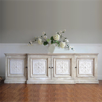 French country antique weathered white old solid wood living room carved TV cabinet American small apartment Oak audio-visual cabinet